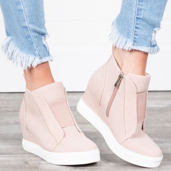 Blush pink perforated vegan suede side zip sneaker wedges 6 8.5 9 - Picture 2 of 8
